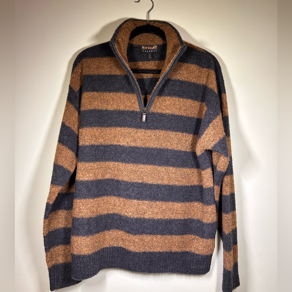 Robert Talbott 1/4 Zip Sweater Boucle Mens XL Merino Wool Striped Black Camel